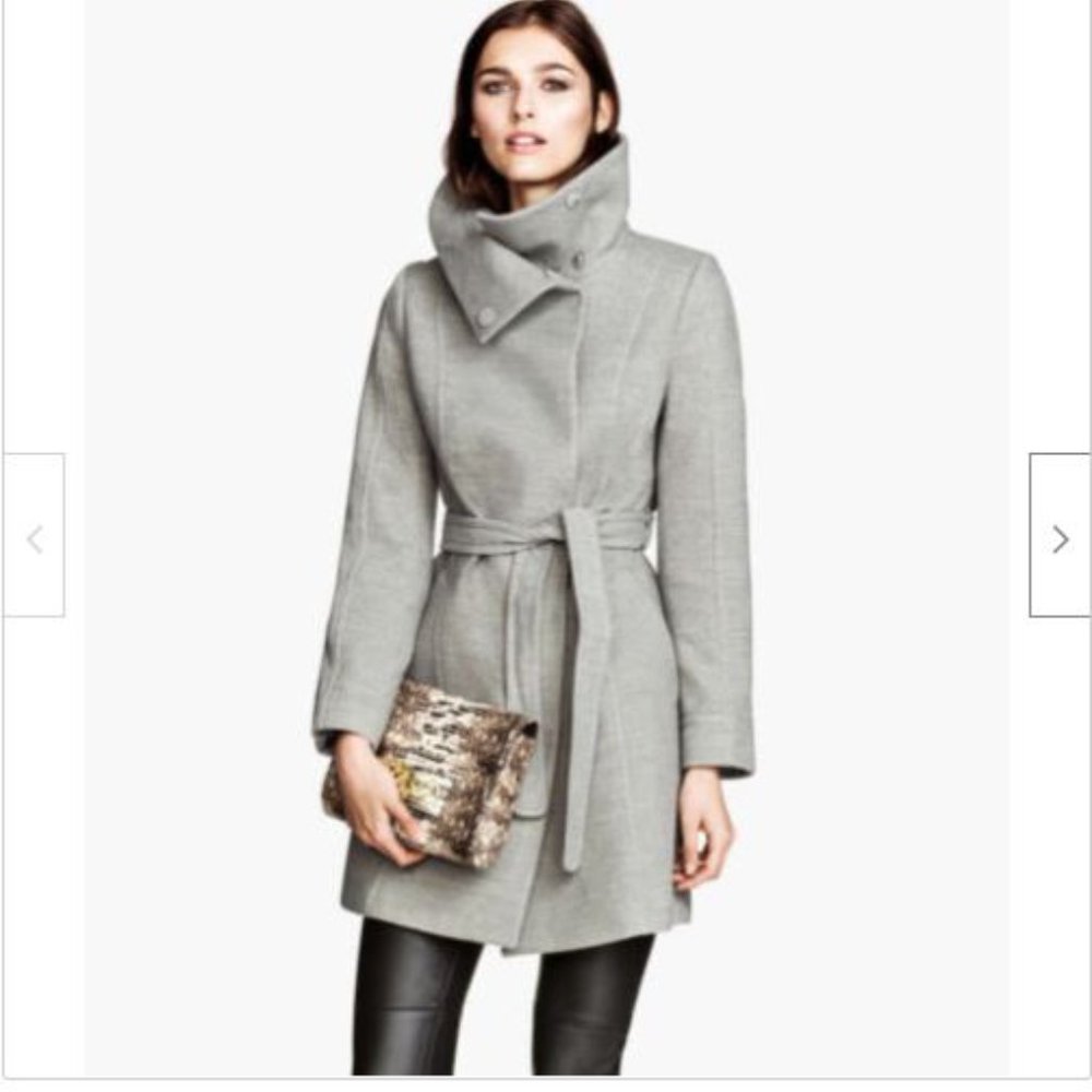 H&M Grey Funnel Collar Belted Coat
